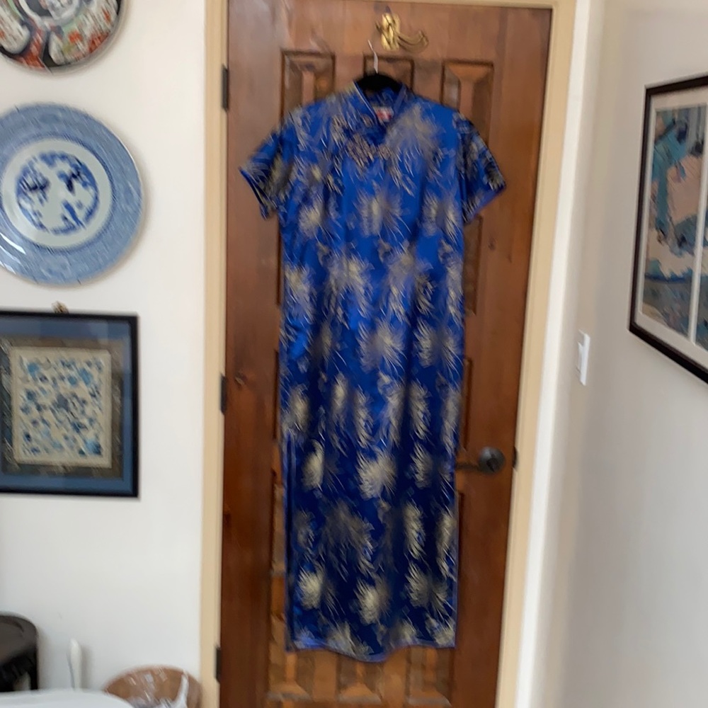 Qipao, royal blue rayon brocade chinese dress